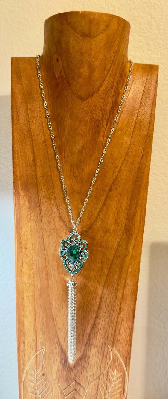 Vtg-Style Filigree Statement Pendant Necklace 36" Teal Rhinestones Chain Tassel